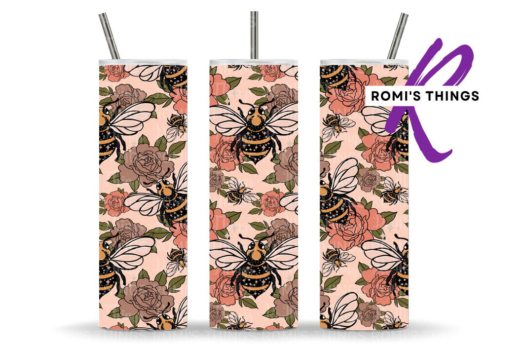 Floral Bees Pink 20 oz Tumbler